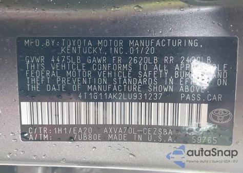 2020 Toyota Camry Se from USA, damaged, VIN 4T1G11AK2LU931237